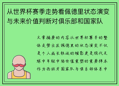 从世界杯赛季走势看佩德里状态演变与未来价值判断对俱乐部和国家队