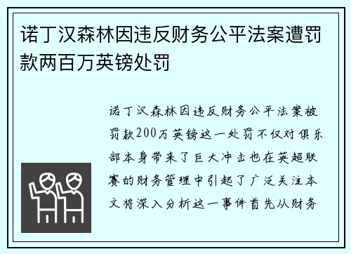 诺丁汉森林因违反财务公平法案遭罚款两百万英镑处罚 诺丁汉森林因违反财务公平法案遭罚款两百万英镑处罚